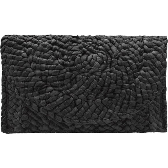 Women Black Woven Straw Beach Handbag Envelope Clutch Rattan Clutch - Picture 1 of 7